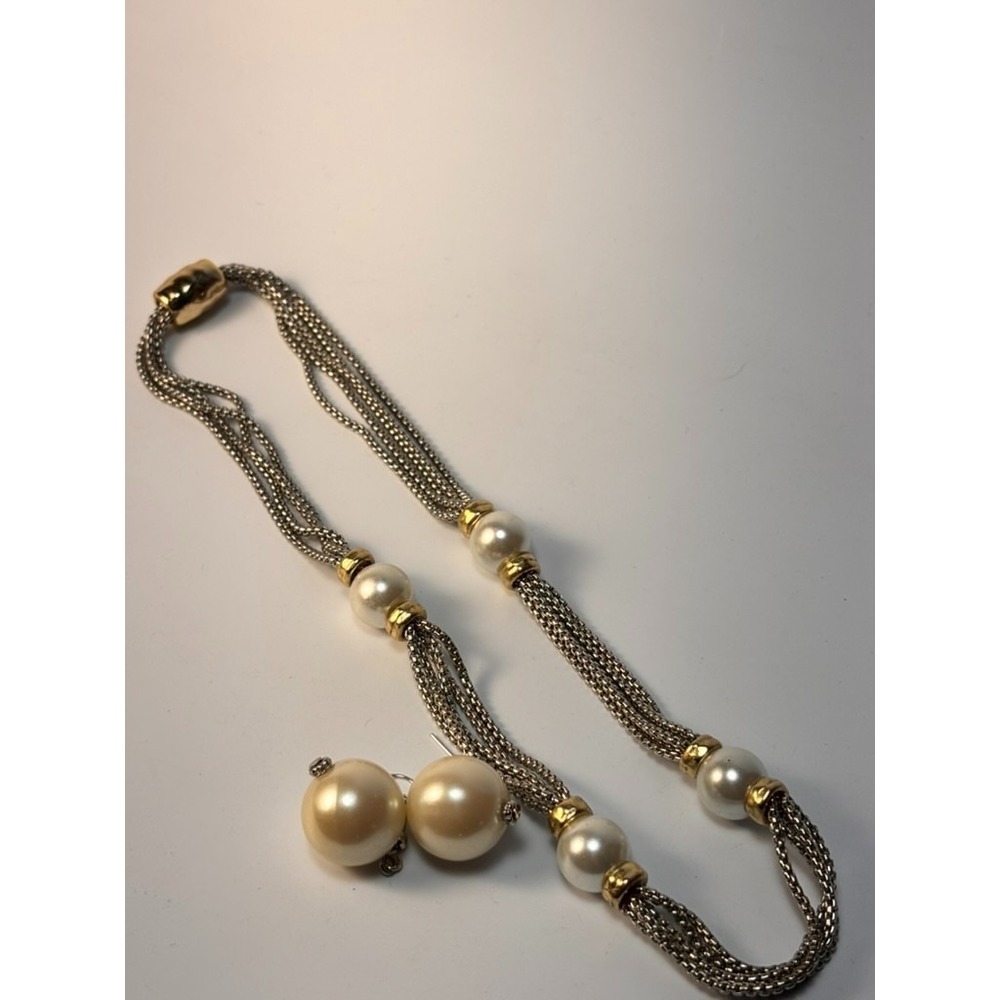 Multi Strand Mesh Necklace Earring Set Silver Gold White Faux Pearl Classic